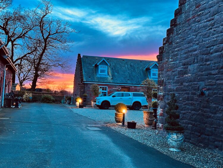 Courtyard with red sky.